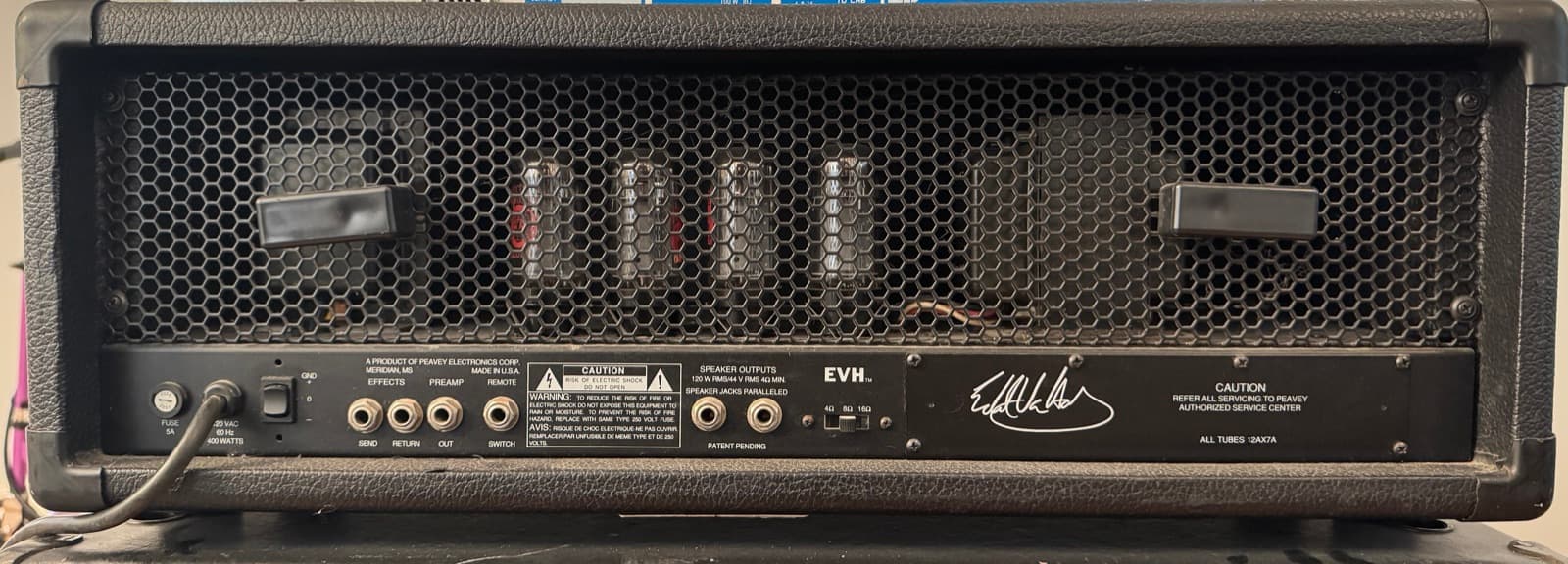 Back panel of the Peavey 5150 showing the labeled Preamp Out jack alongside the Effects Send/Return and speaker outputs
